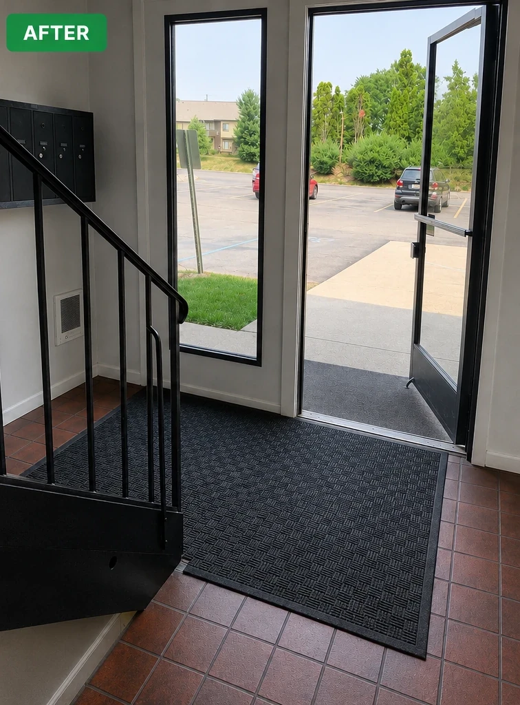Clean shared apartment building entryway, mat and stairwell after service by Peace of Mind