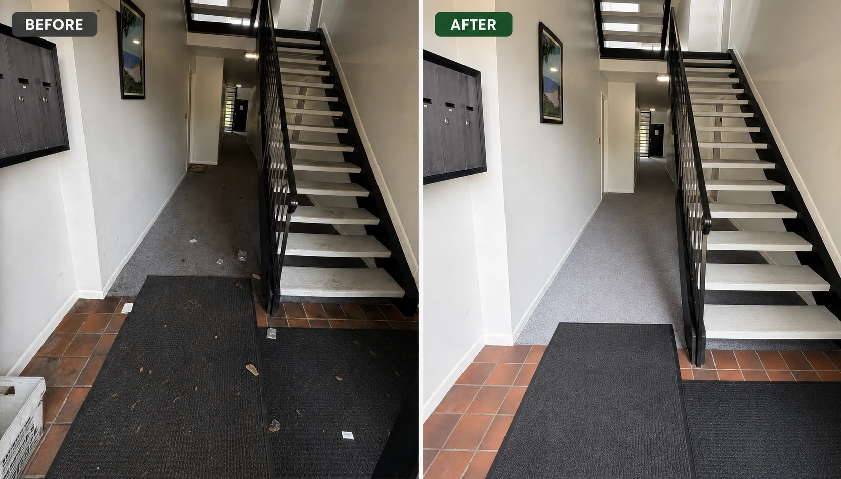 Real before-and-after comparison of an apartment community entrance, hallway and stairwell cleaned by Peace of Mind.