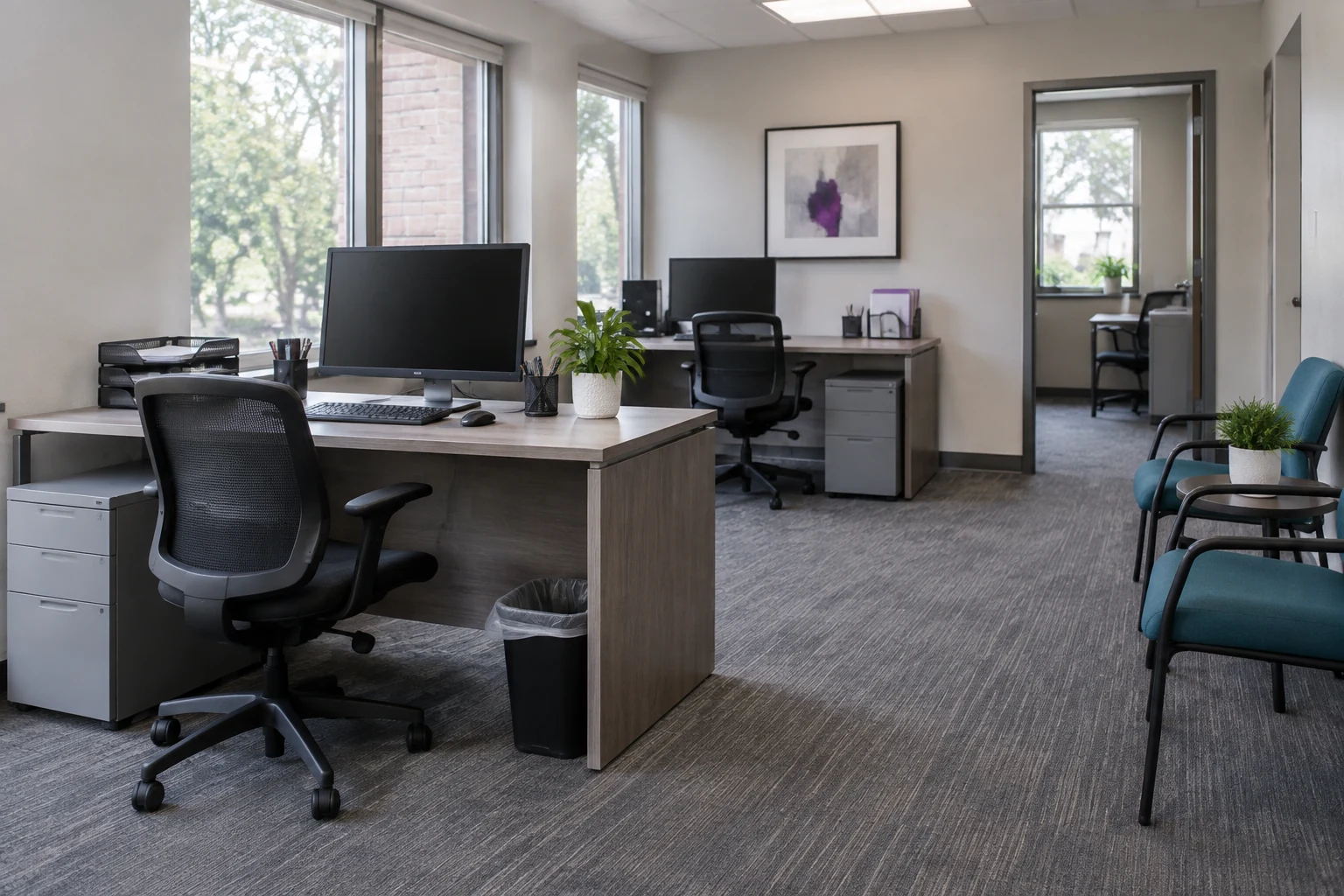 Illustrative image of a clean, everyday professional office prepared for employees and visitors.
